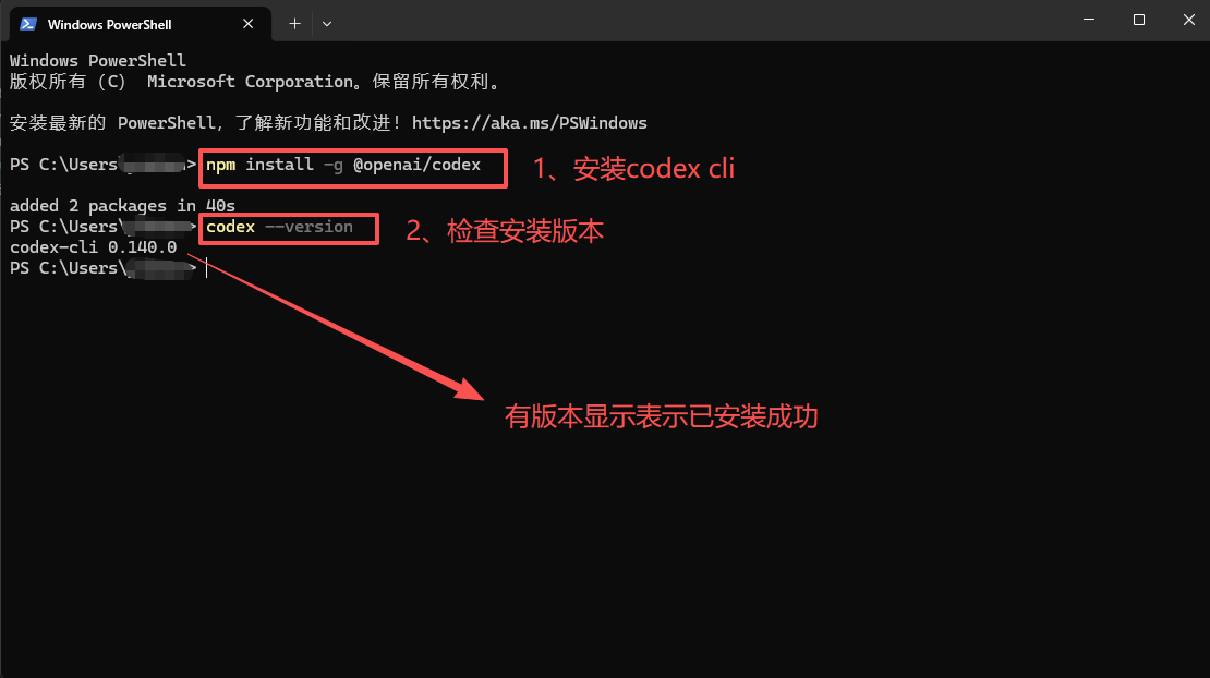 安装 Codex CLI 并检查版本